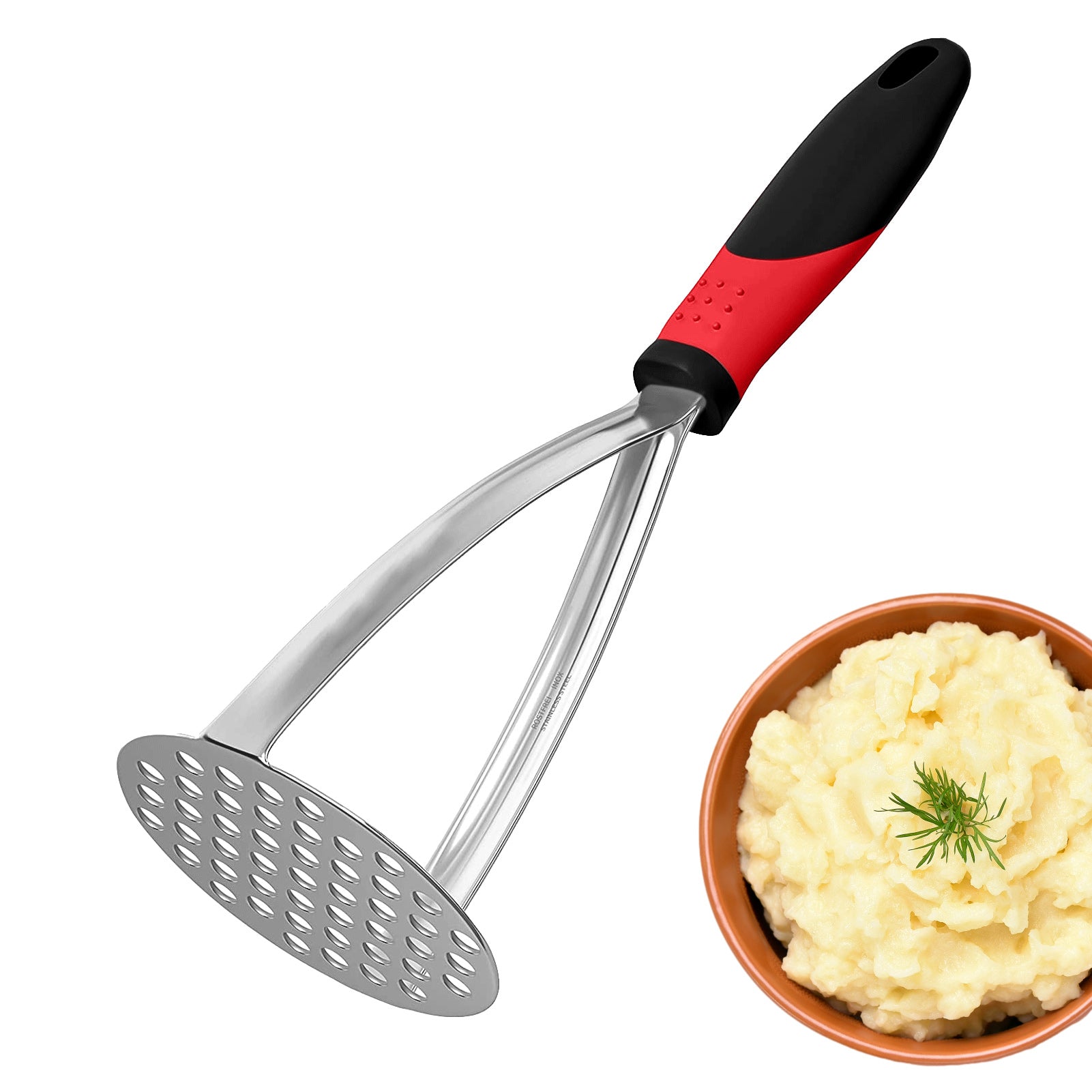 Presse-purée ergonomique en acier inoxydable avec une purée de pommes de terre sur fond blanc