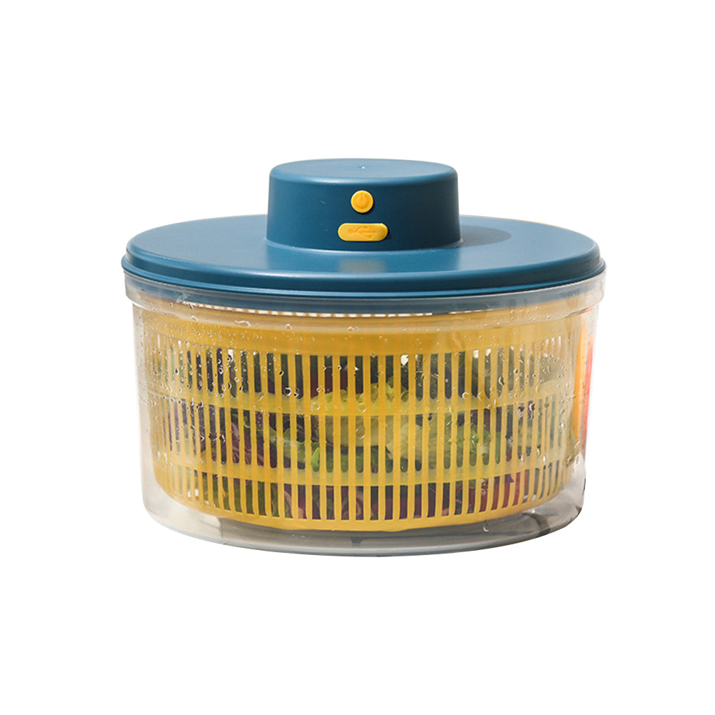 Essoreuse à salade électrique avec lames en acier inoxydable et recharge USB sur fond blanc